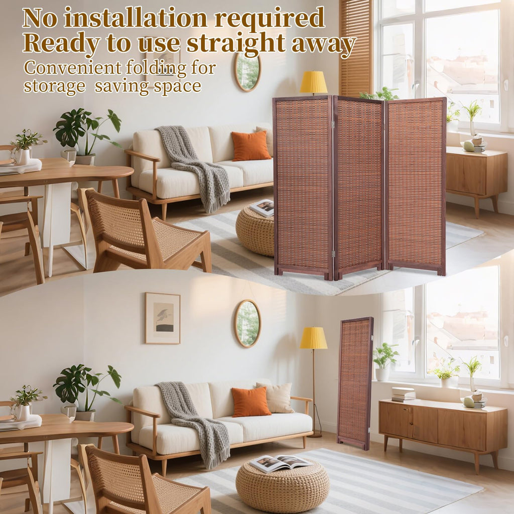 Bamboo Room Divider 3 Panel 47" H, 360°Rotating Feet Privacy Screen, Brown