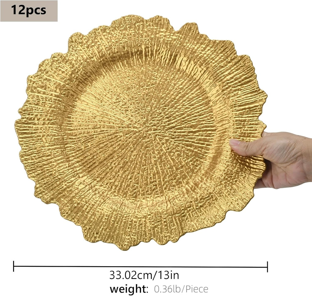 Inch Gold Charger Plates, Round Reef Pattern, Plastic, for Dinner Plates, Wedding Decor, Table Setting - Set of 12