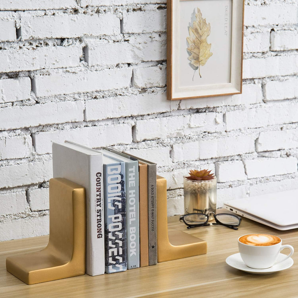 Modern Gold Concrete Office Bookshelf Decor Bookends for Heavy Book and Textbooks, Desktop Book Holder, 1 Pair