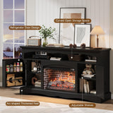 Farmhouse Fireplace TV Stand with 23 Inch Electric Fireplace, Media Entertainment Center for TVs up to 65 Inches, Rustic Console with Refrigerator-Style Storage Door, Black