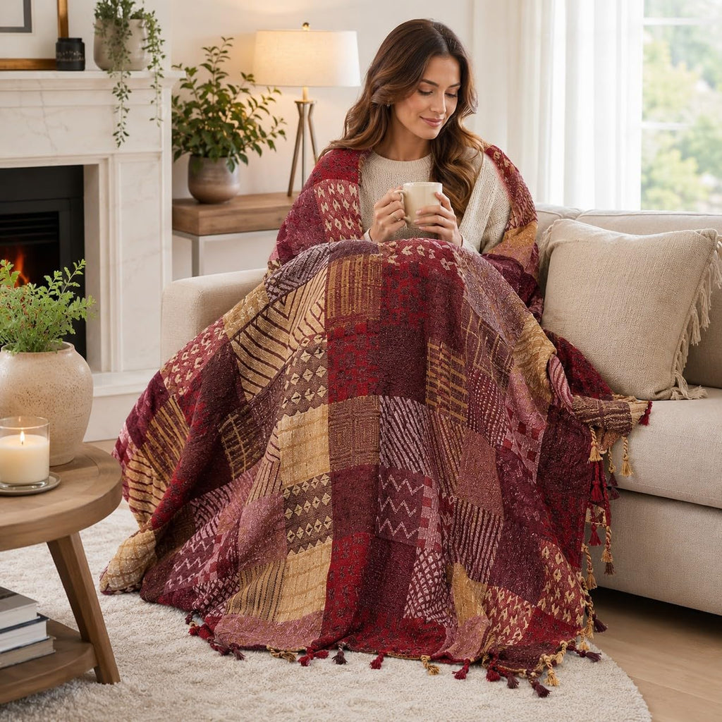 Boho Throw Blanket, Throw Blankets for Couch Bed (L, 86 x 102 in)