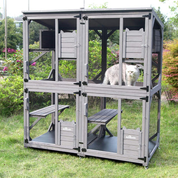 Cat Catio Kitty House Outdoor and Indoor Run Large Wooden Cat Enclosure on Wheels 70.9" Upgraded Version Kennel Cage
