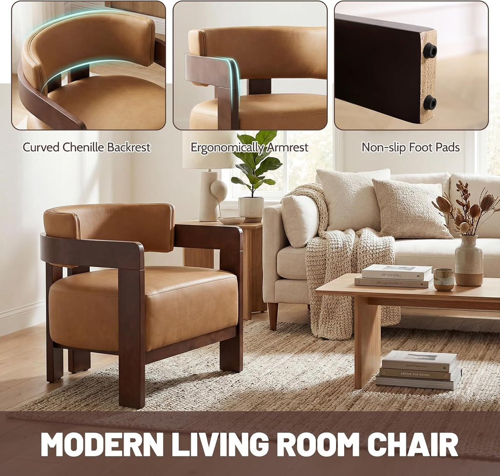 Modern Accent Chair, Upholstered Barrel Side Chairs PU Leather Guest Chair with Wooden Frame Bedroom, 1PC, Brown