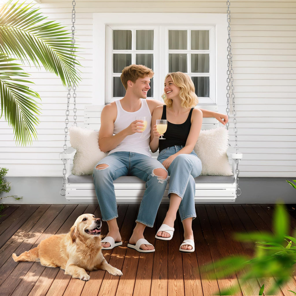 4 FT Heavy Duty Porch Swing with Cushion, 880 LBS Wooden, White