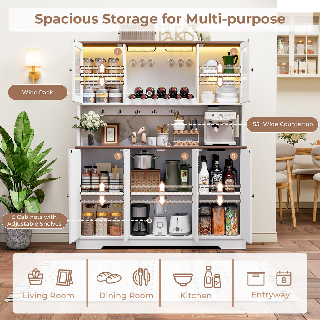68" Tall Kitchen Pantry Storage Cabinet with Charging Station, 55" Wide Kitchen Hutch Cabinet with Large Countertop