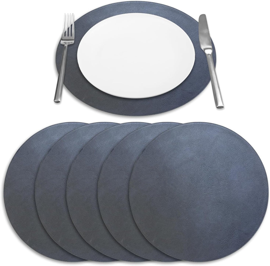 Placemats - Round 15" Faux Leather Table Mats for Dining, Heat Resistant & Non-Slip Washable Table Decor - Set of 6