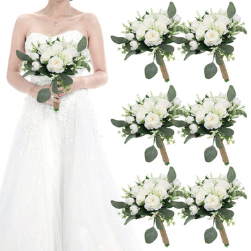 Set of 6 Bridesmaid Bouquets for Wedding - 7 Inch Artificial Ivory Flower Bouquet for Party Ceremony Anniversary