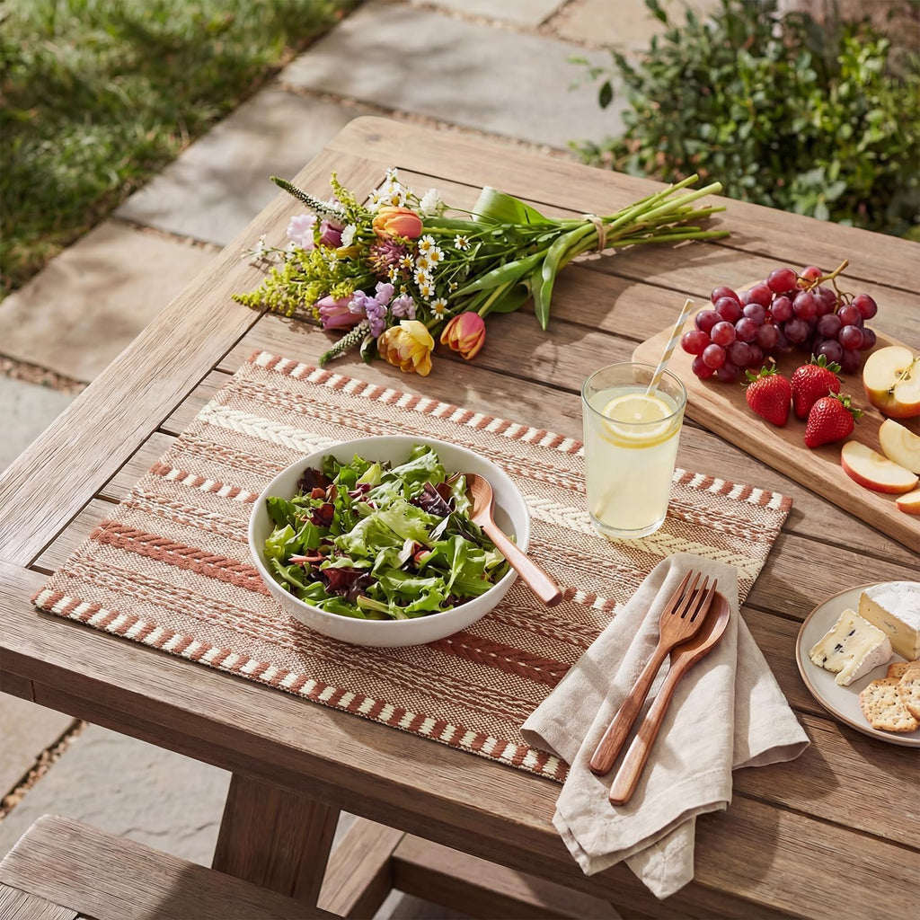 Caramel Farmhouse Woven Braided Stripe Placemats,12x18 Inch Seasonal Holiday Table Mats Party Kitchen Dining - Set of 6