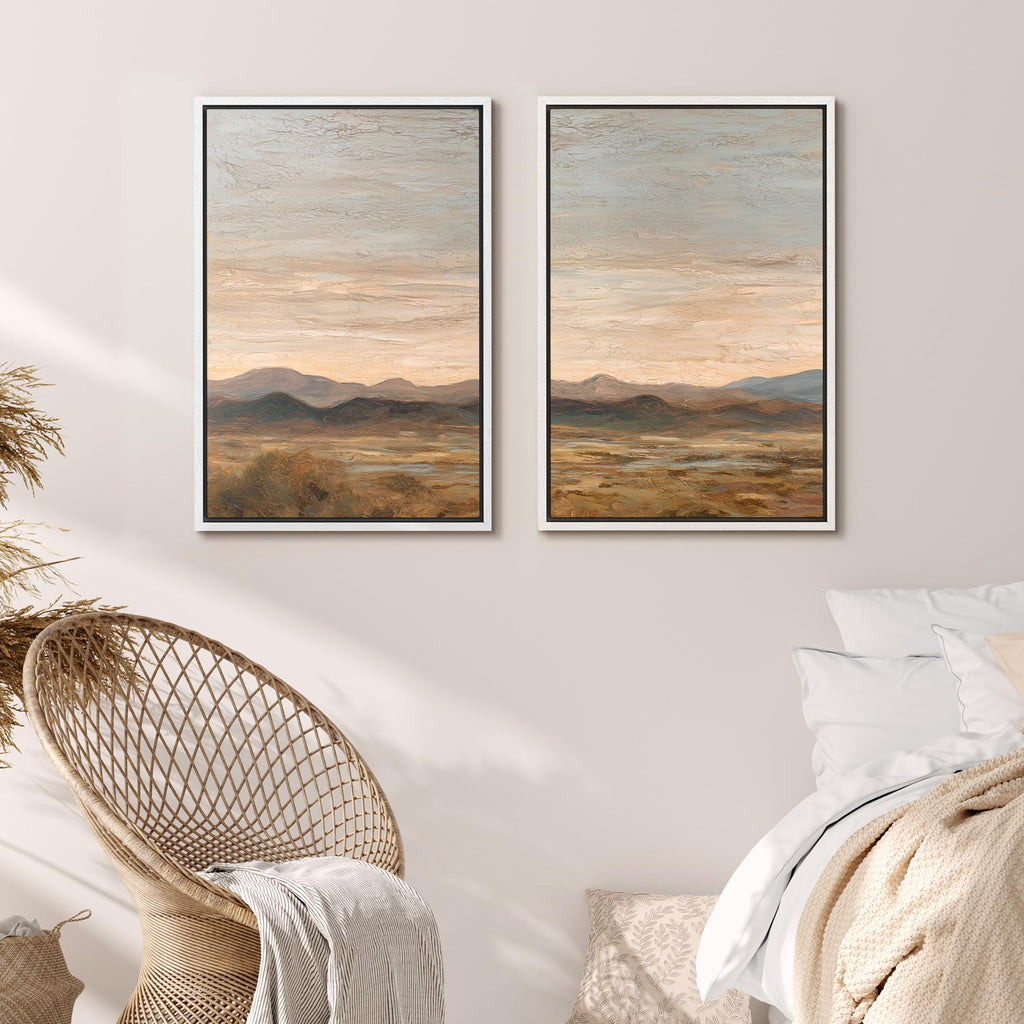 Framed Canvas Print Wall Art Set Warm Earth Tone Mountain Landscape Illustrations Modern Art Decorative Zen