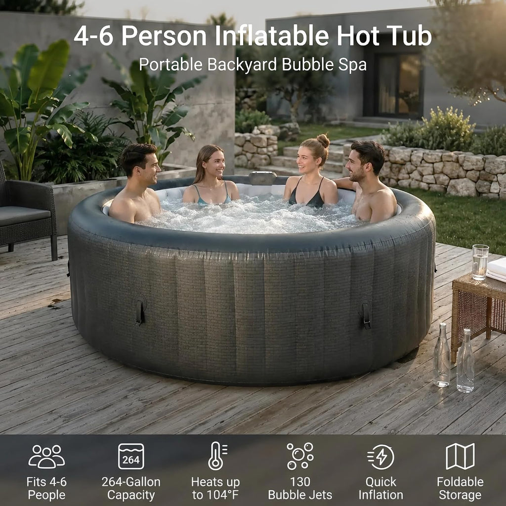 Inflatable Hot Tub for 4-6 Person, 82" Round Portable Hot Tub with Automatic Inflation, 130 Bubble Jets & Durable