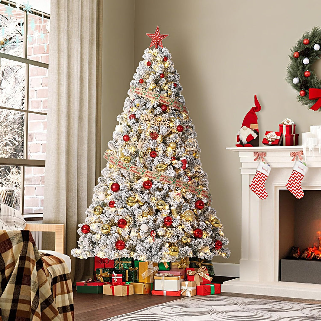 Pre-Lit Flocked Artificial Christmas Tree with Warm White Lights, Pure PVC Material, Hinged Branches for Easy