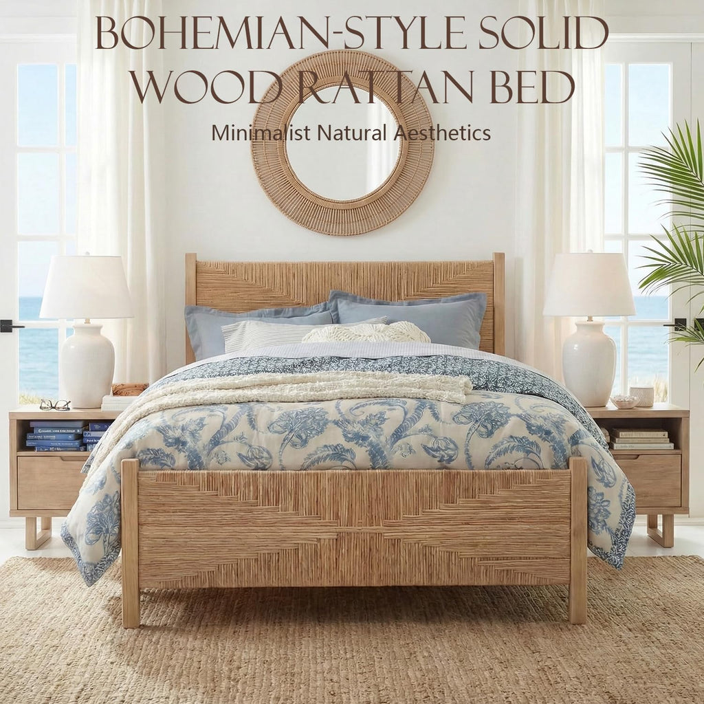 King Size Rattan Bed Frame, Boho Wicker Headboard, Natural Oak