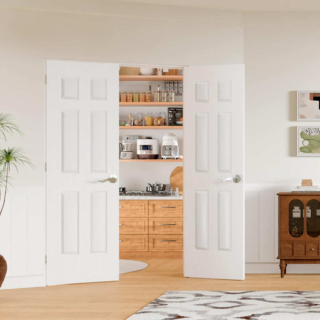 French Doors, 60" x 80" Hollow Core Interior Doors with Door Jamb & Hardware Kit and Silver Door Levers, 6-Panel