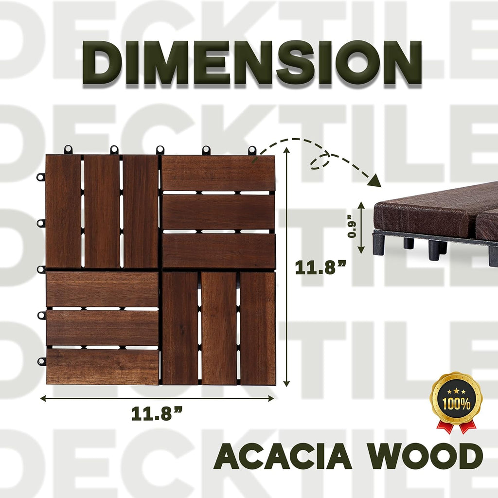 Natural Acacia 12x12 Interlocking Wood Deck Tiles for Balcony, Garden, Patio, Poolside Decor - Waterproof Indoor &