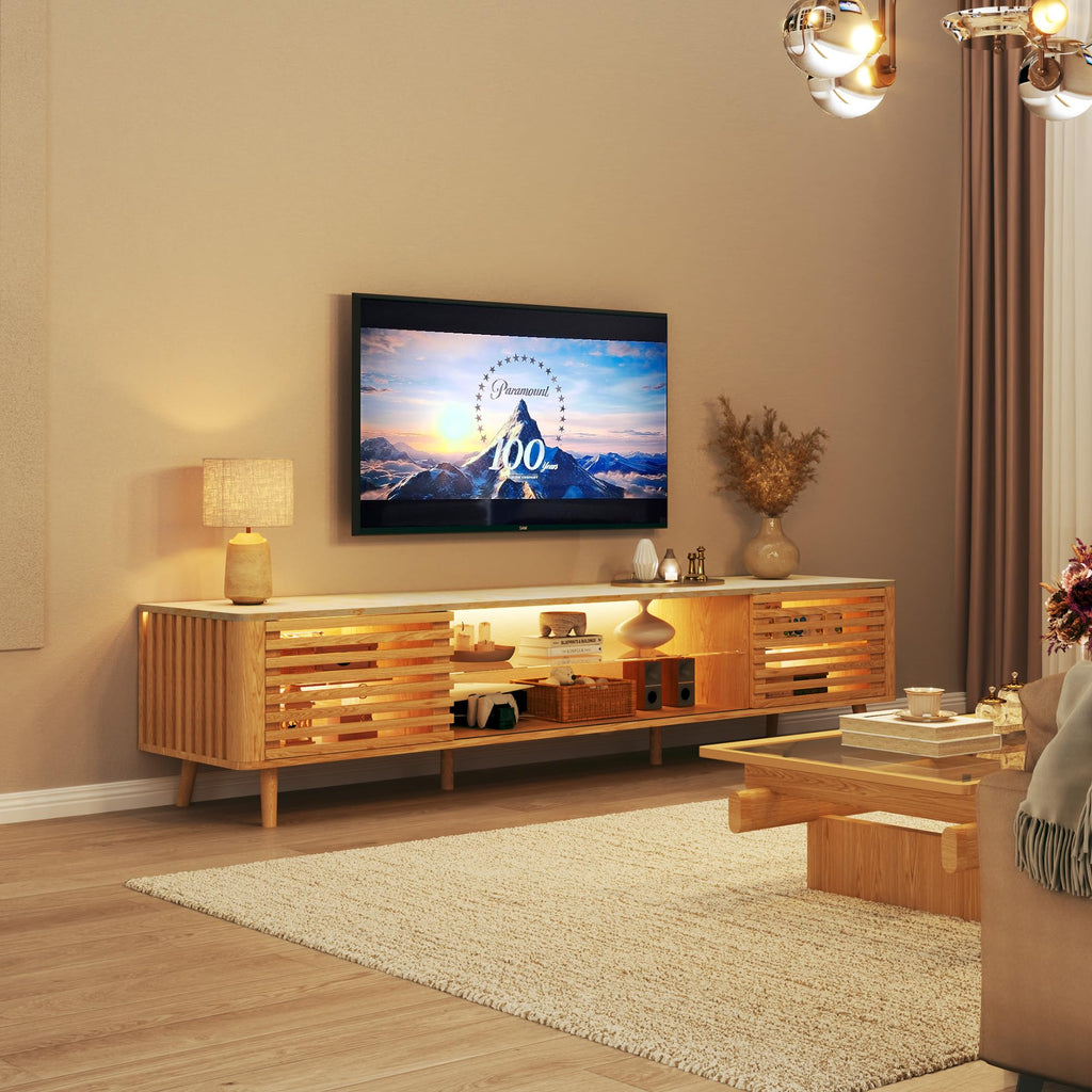 70" TV Stand for 55/65/75 Inch TV, Faux Marble Top Entertainment Center with Slatied Sliding Door & LED Lights, Mid