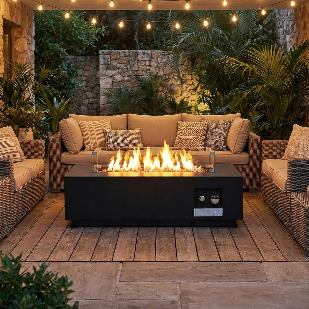 42'' Outdoor Propane Fire Pit Table, 50,000 BTU Rectanle Natural Gas Fire Pits with Tank Cover Wind Guard