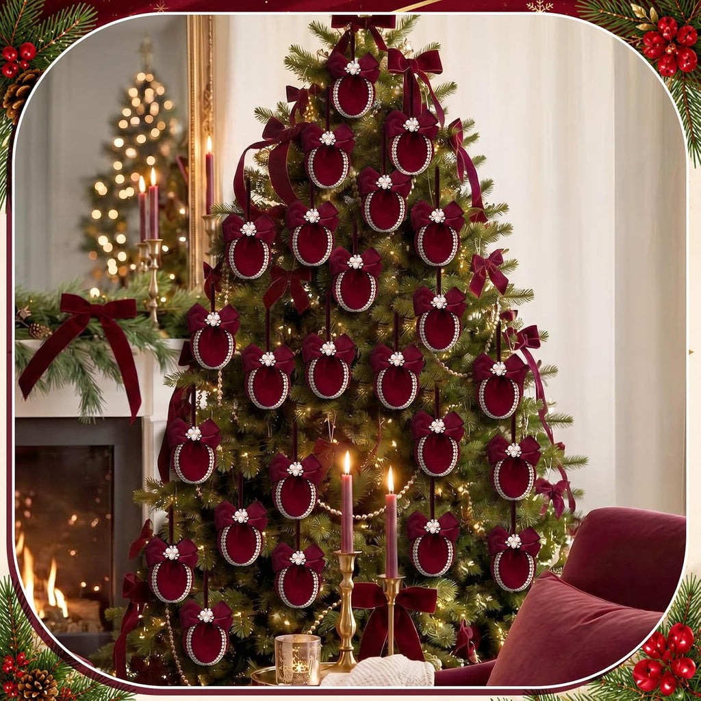Velvet Christmas Balls Ornaments 2.4" with Pearl Bow, Burgundy Red - Set of 9