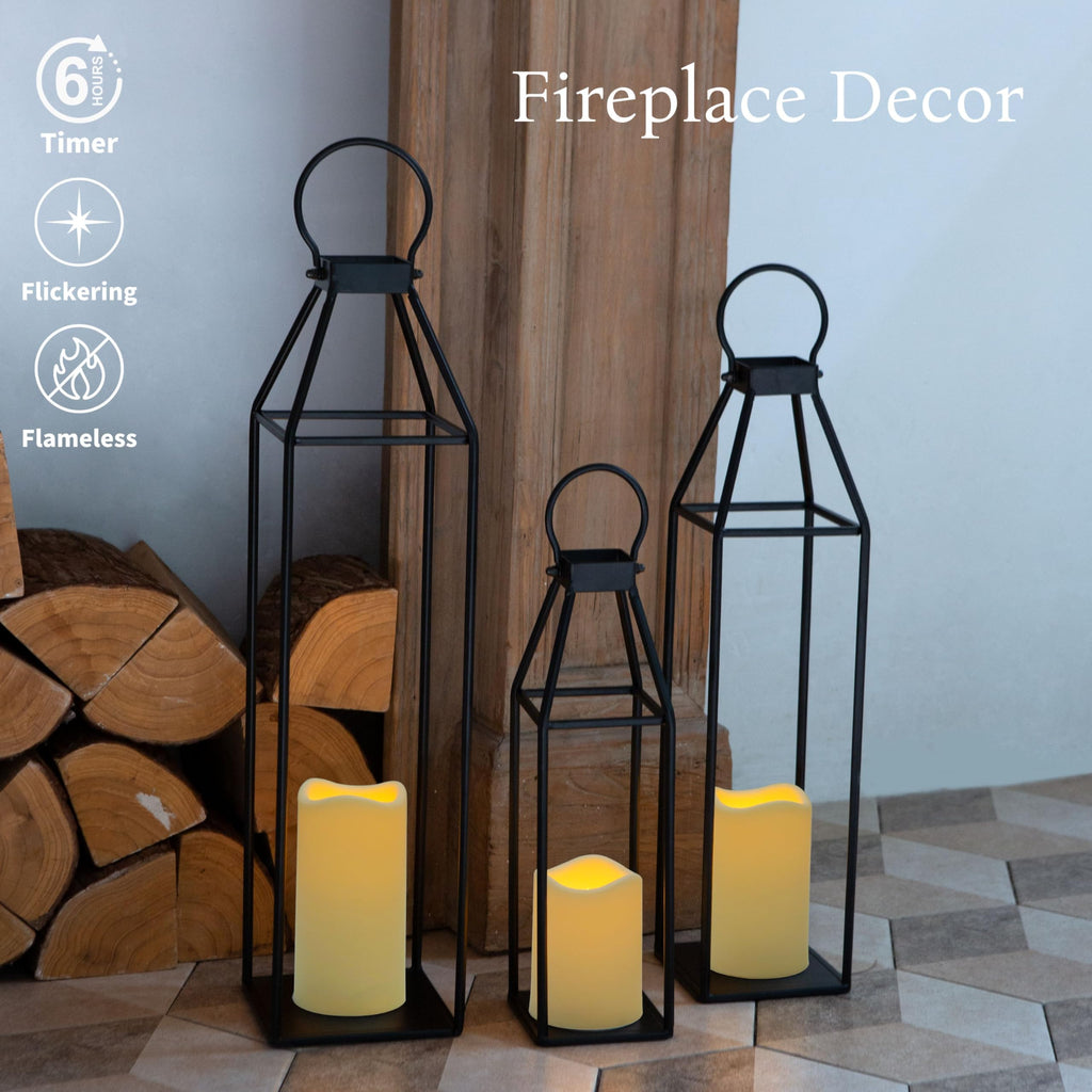 Set of 3 Black Metal Lanterns w/ Waterproof Flickering Flameless Candle & Remote Timer, Modern Farmhouse Lanterns