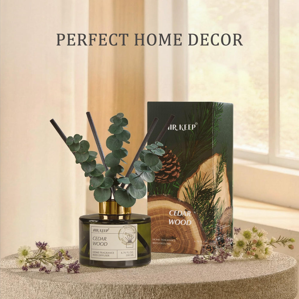Reed Diffuser Set with 6.76 fl oz Cedar Wood Scent Essential Oils and 3 Leaves & 8 Diffuser Sticks, Bathroom Shelf