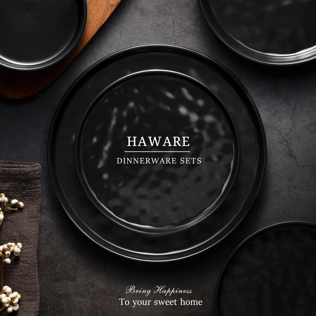 Dinnerware Sets, 18-Piece Plates and Bowls Set, Matte Black