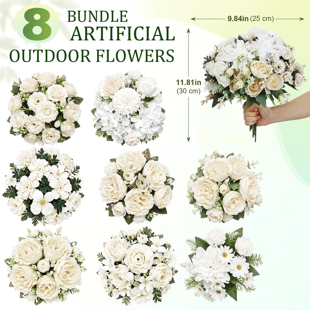 White 8 Bundles Artificial Flowers Bulk Peony Rose Hydrangea Bouquet - Set of 8