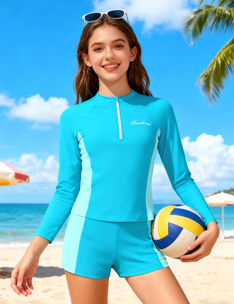 Girls Rash Guard Swimsuit Two Piece Set Colorblock Long Sleeve Bathing Suit UPF50+Sun Protection Swim Suits