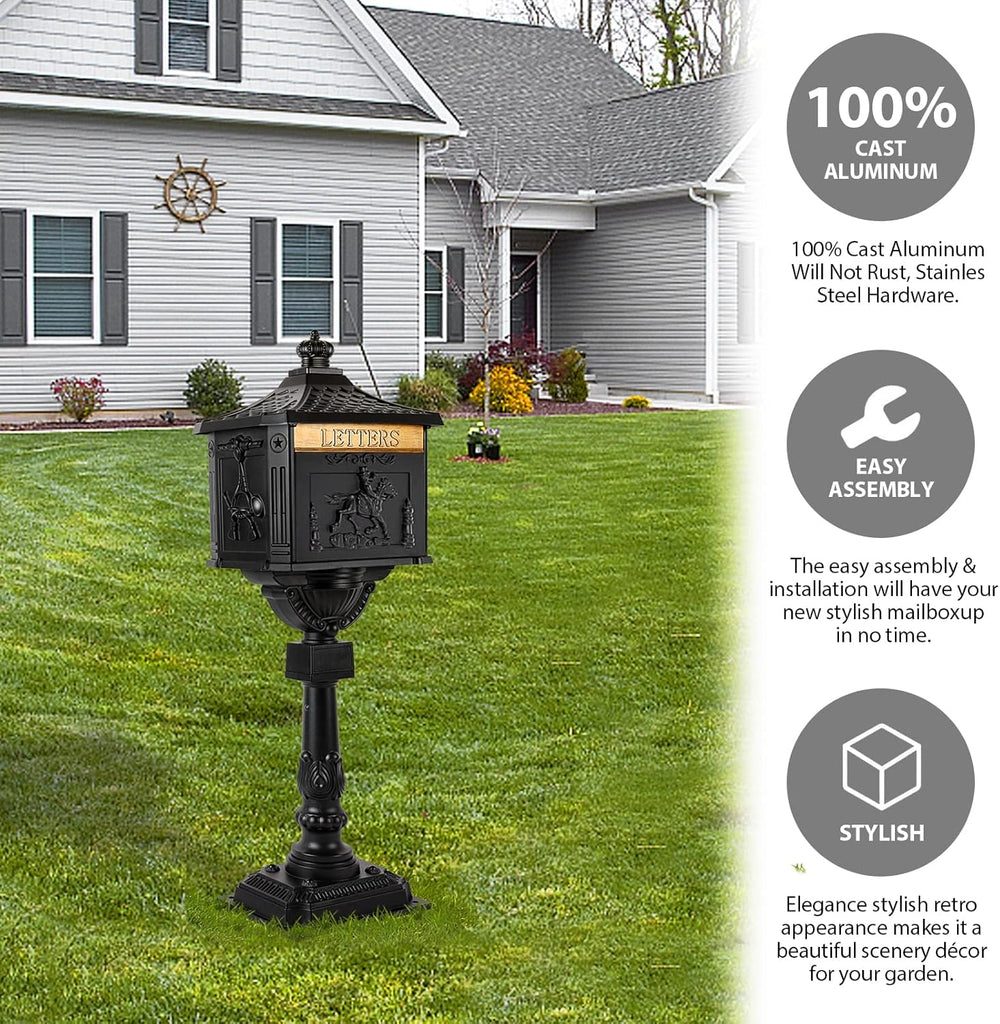 Mailbox Cast Aluminum Black Mail Box Postal Box Security Heavy Duty New