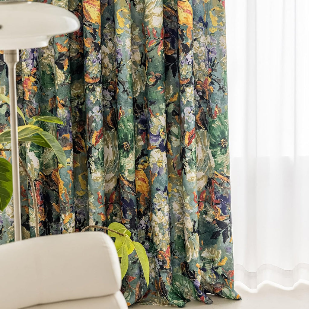 Dark Green Vintage Floral Blackout Curtains for Bedroom 96 inches Long Pattern Painting Flower Window Drapes for