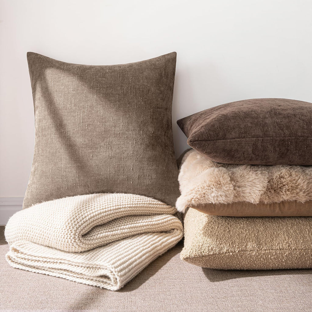 26x26 Inch Euro Sham Chenille Throw Pillows Set of 2 Soft Accent Taupe Grey Neutral Farmhouse Textured Cushion Covers