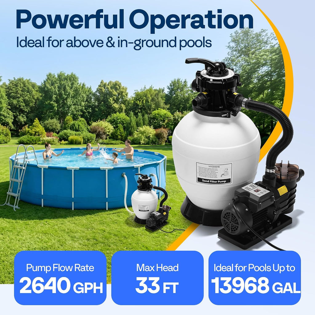 Sand Filter Pump with 1/2 HP Motor, 2640 GPH w/Timer for in/Above Ground Pools up to 14,000 Gallons, 7-Way Valve with