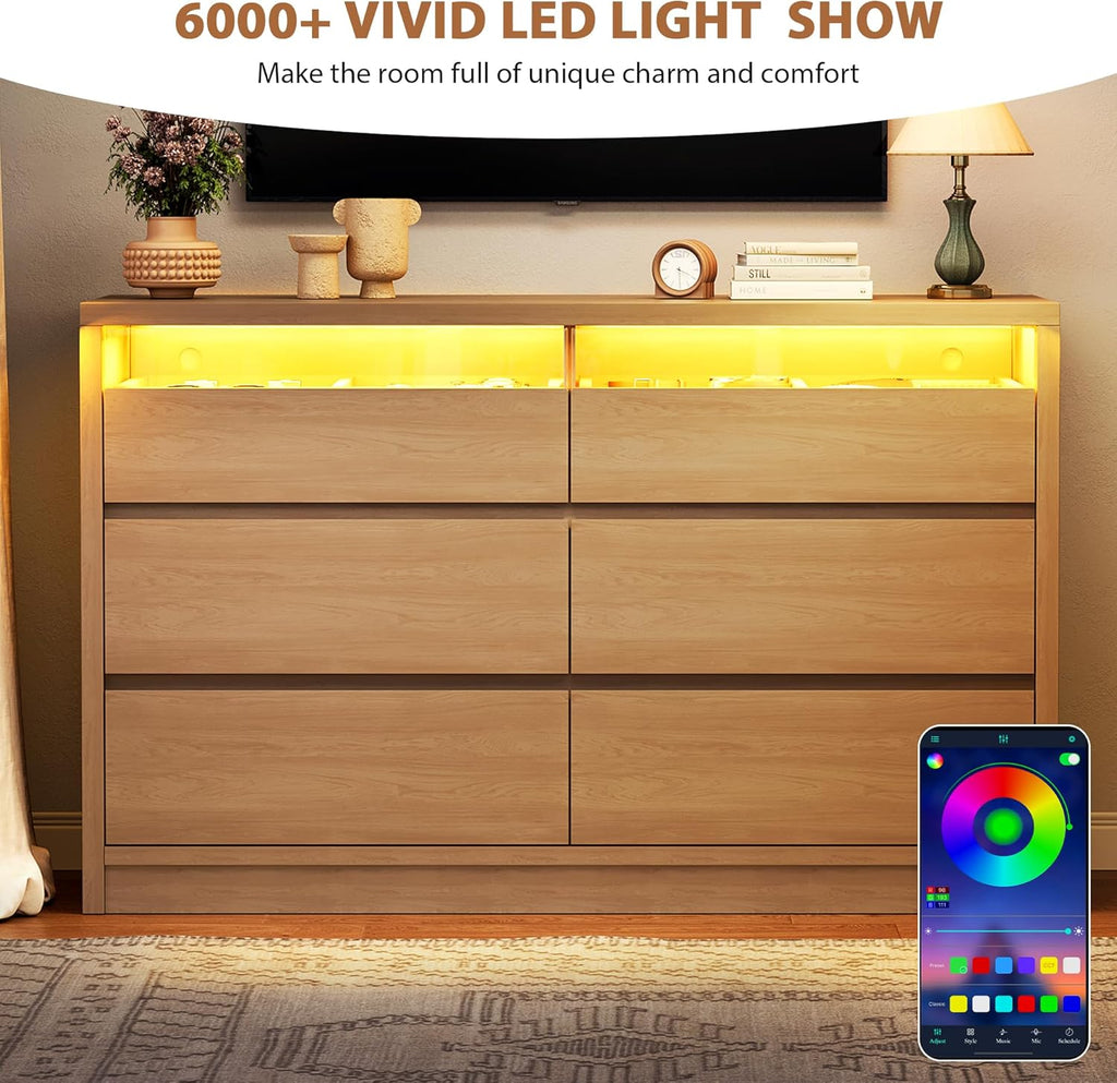 5 Drawer Dresser with LED Light, Modern Chest of Drawers with Hidden Handles, Tall Wooden Dresser Closet - Oak