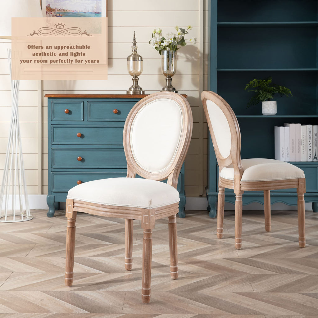 French Country Dining Chairs Set of 4, Farmhouse Fabric Chairs with Round Back, Solid Wood Legs, Oval Side Chairs