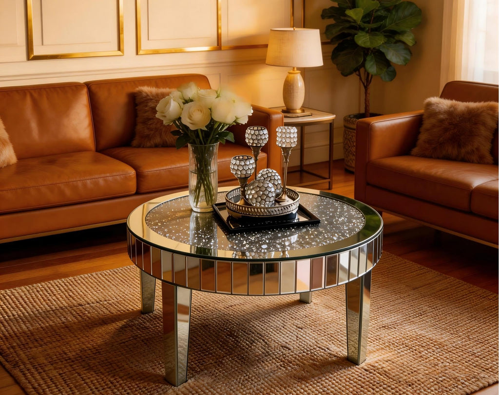 Silver Mirrored Coffee Table: 31.5in Round Crushed Diamond Tabletop