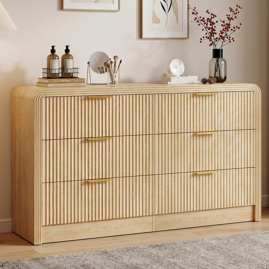 Fluted 6-Drawer Dresser Modern Wood Chest Organizer with Anti-Tip