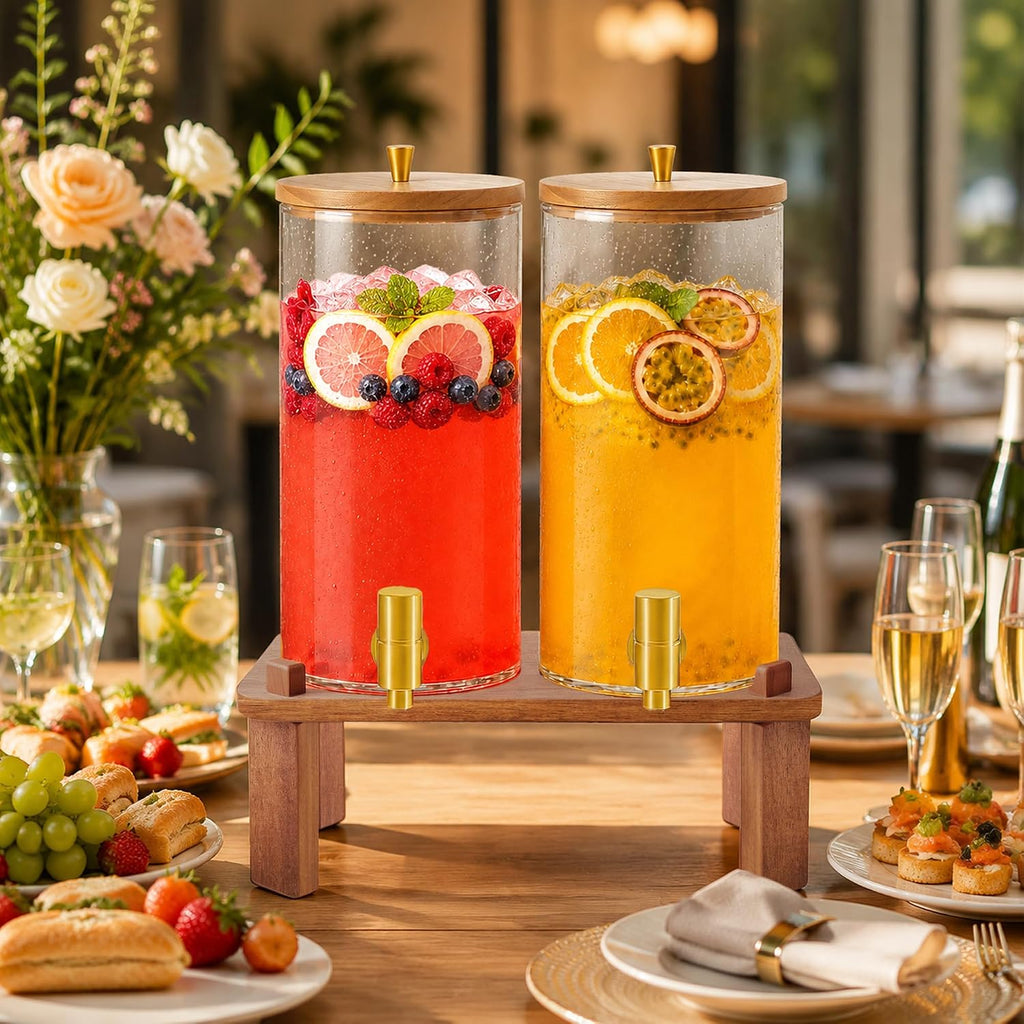 Drink Dispenser, 1.5 Gallon Each with Wood Stand, Juice Lemonade Dispenser with Stainless Steel Spigots, Drink - Set of 2
