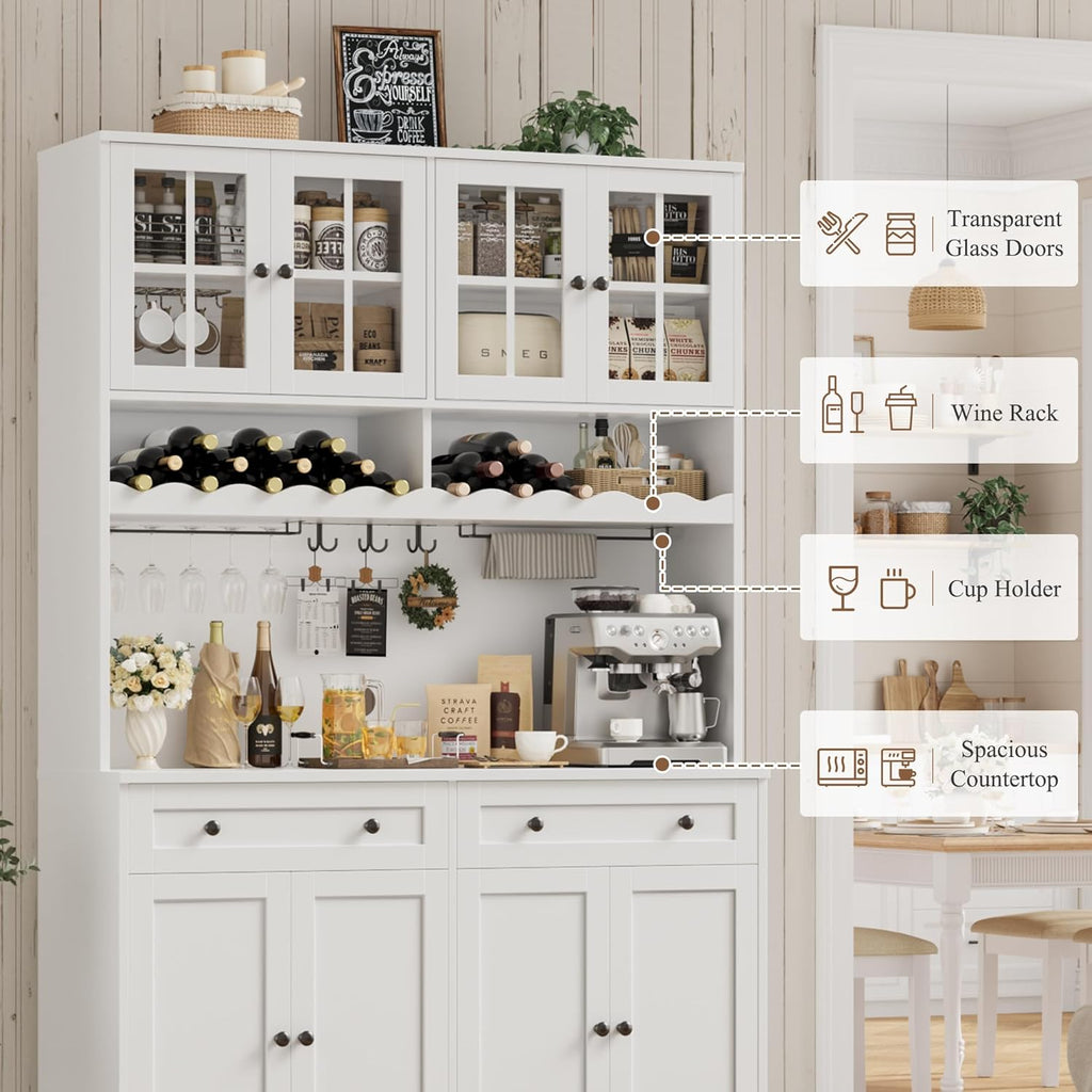 75" Kitchen Pantry Storage Cabinet, Coffee Bar Hutch Cabinet, White | Tall Pantry Cabinet with Charging Station /