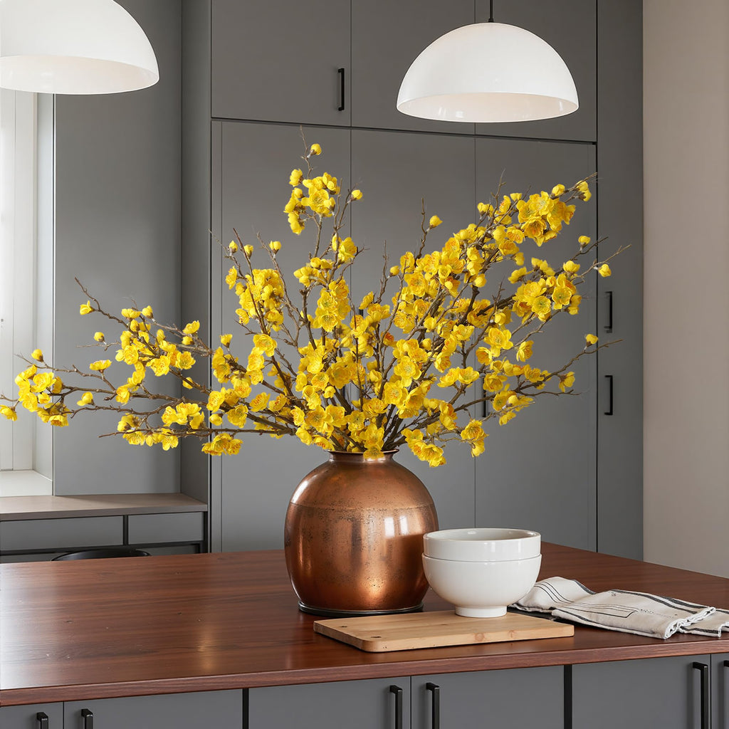 6 PCS Artificial Cherry Blossom Branches Spring Indoor Decoration, Faux Yellow Silk 34.45" Long Stems Real Touch Plum