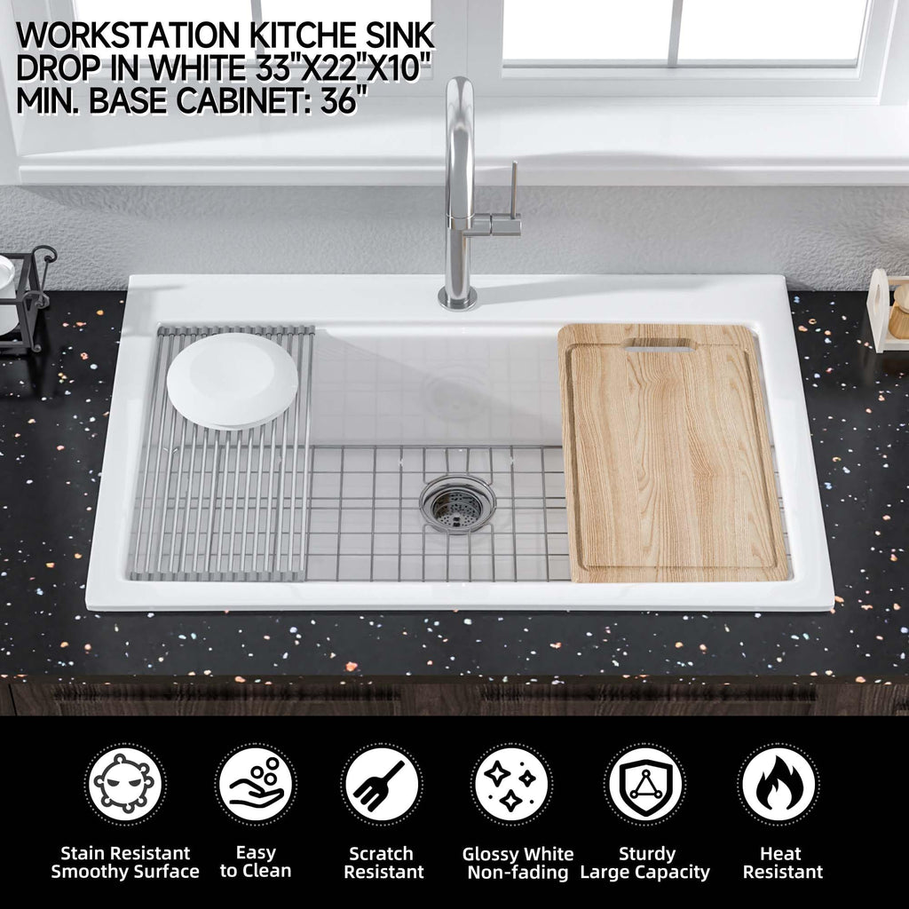 33 x 22 Inch Drop In Fireclay Workstation Kitchen Sink White 1 Hole