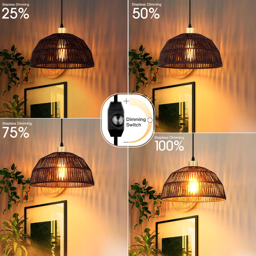 Plug in Pendant Light, Hanging Lights with 15ft Cotton Cord & Stepless Dimming Switch, Handwoven Hemp Rope Lampshade