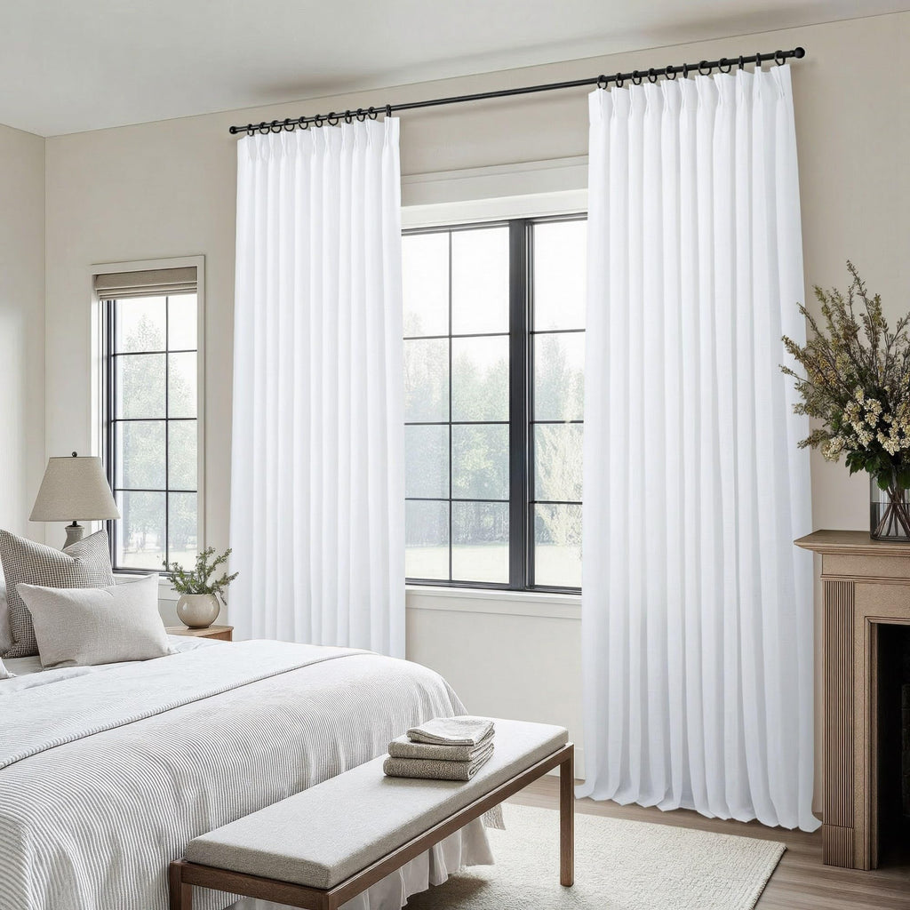 Pinch Pleated Linen White Curtains 108 Inches Long 70 Inch Wide Divider Light Filtering Thick Sheer Patio Curtains