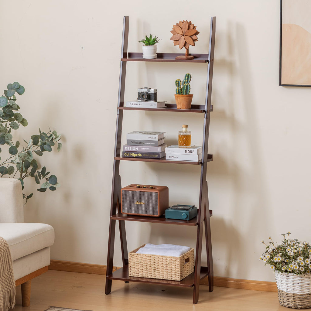 Bamboo Ladder Shelf Bookcase, 5-Tier Leaning Bookshelf Free Standing Organizer Storage Shelves, Balcony, Dark Walnut