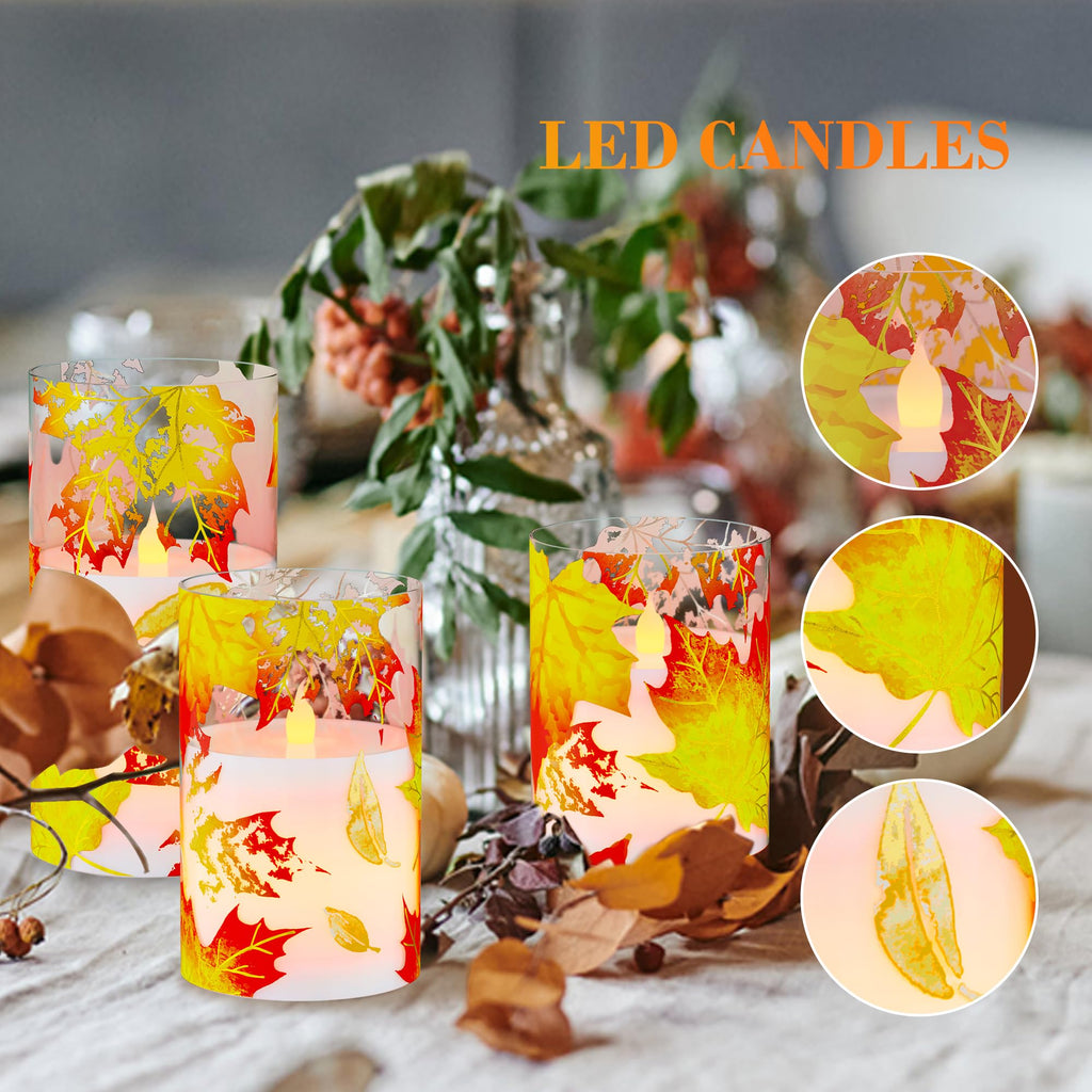 Fall Flameless Candles, Maple Leaf Battery Operated Candles with Remote