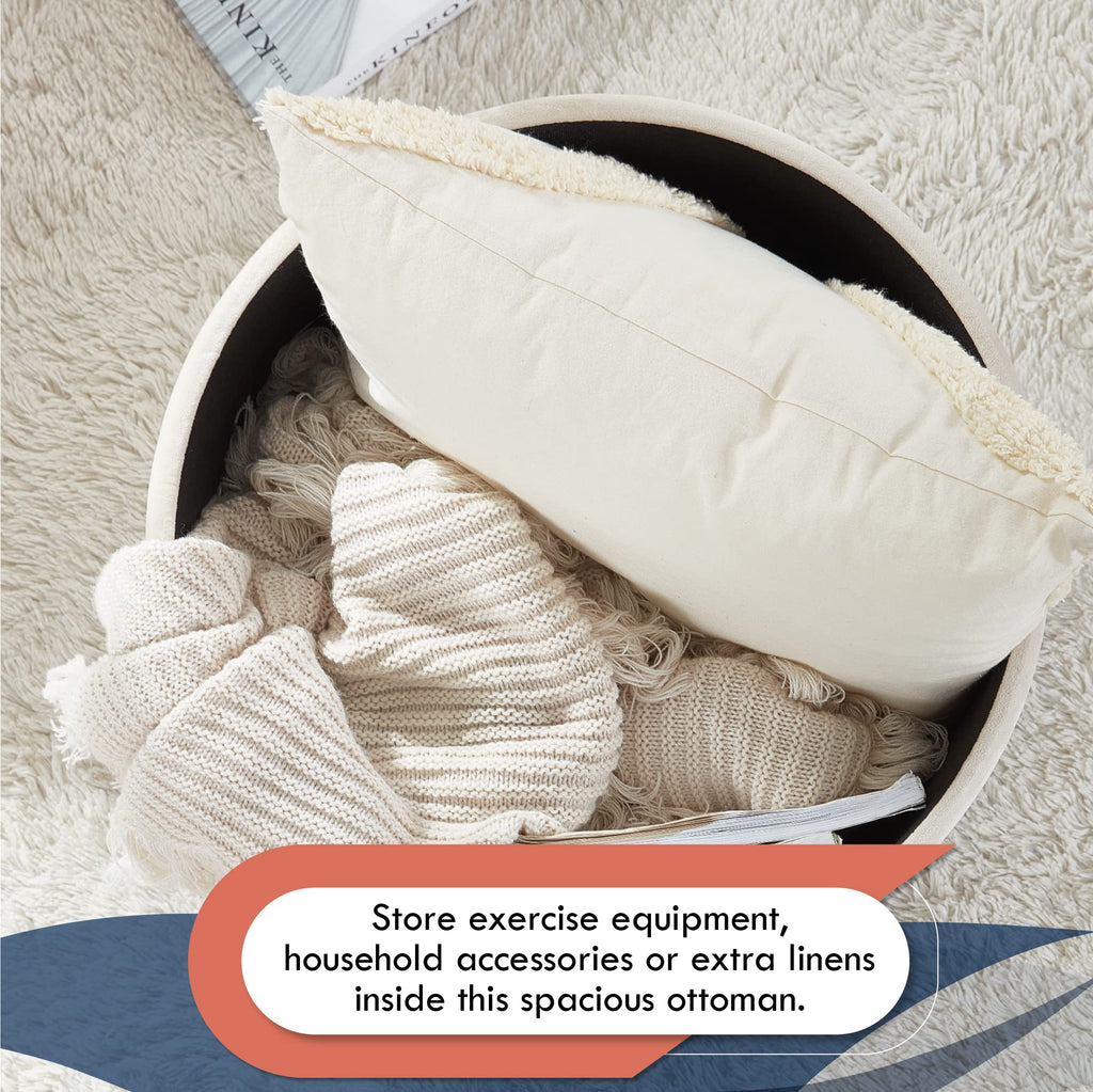 18" Round Storage Ottoman with Lid, Holds 300 lbs, Cream