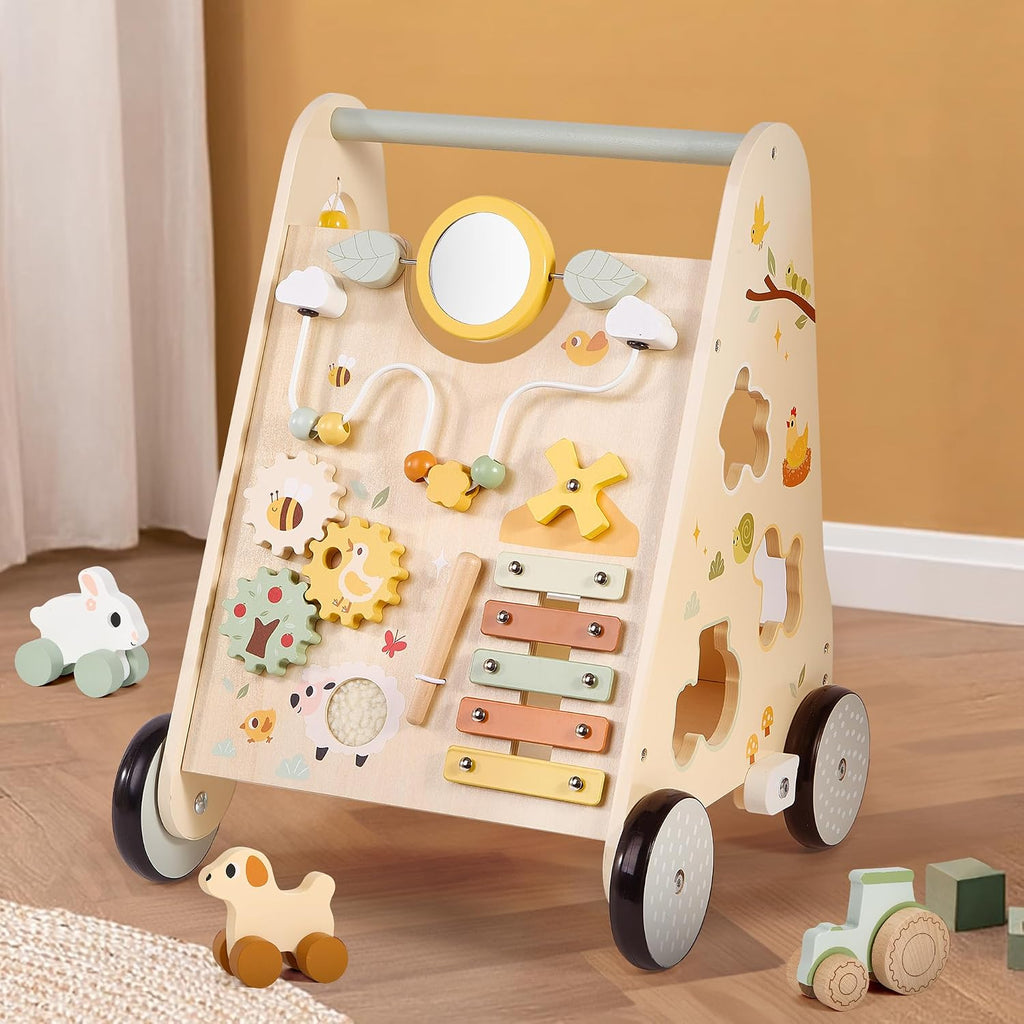 Wooden Baby Push Walker, Baby Walker with Activity Center for Girls Boys, Montessori Sensory Push Toys for Babies