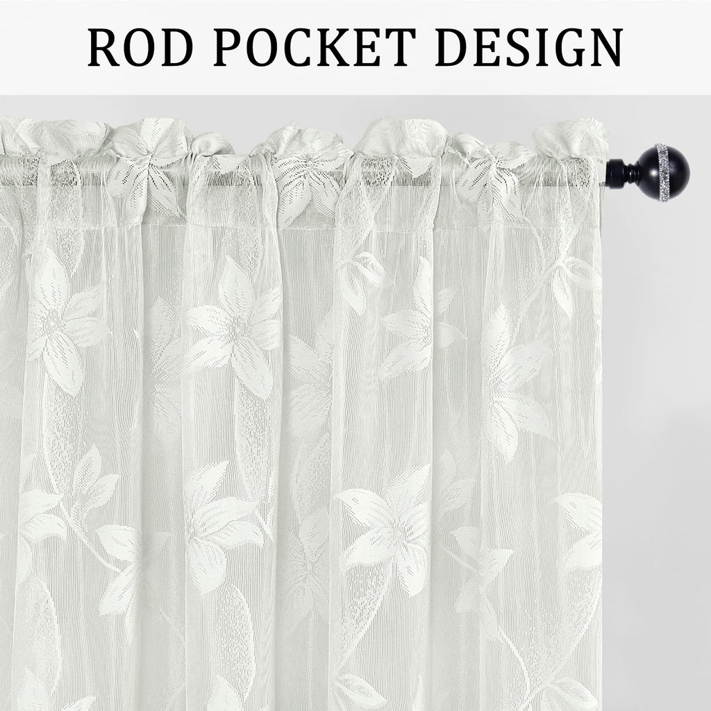 2 Pack Floral Lace Small Short Sheer Curtains - Light flitering Transparent Rod Pocket Half Window Sheer Curtains for