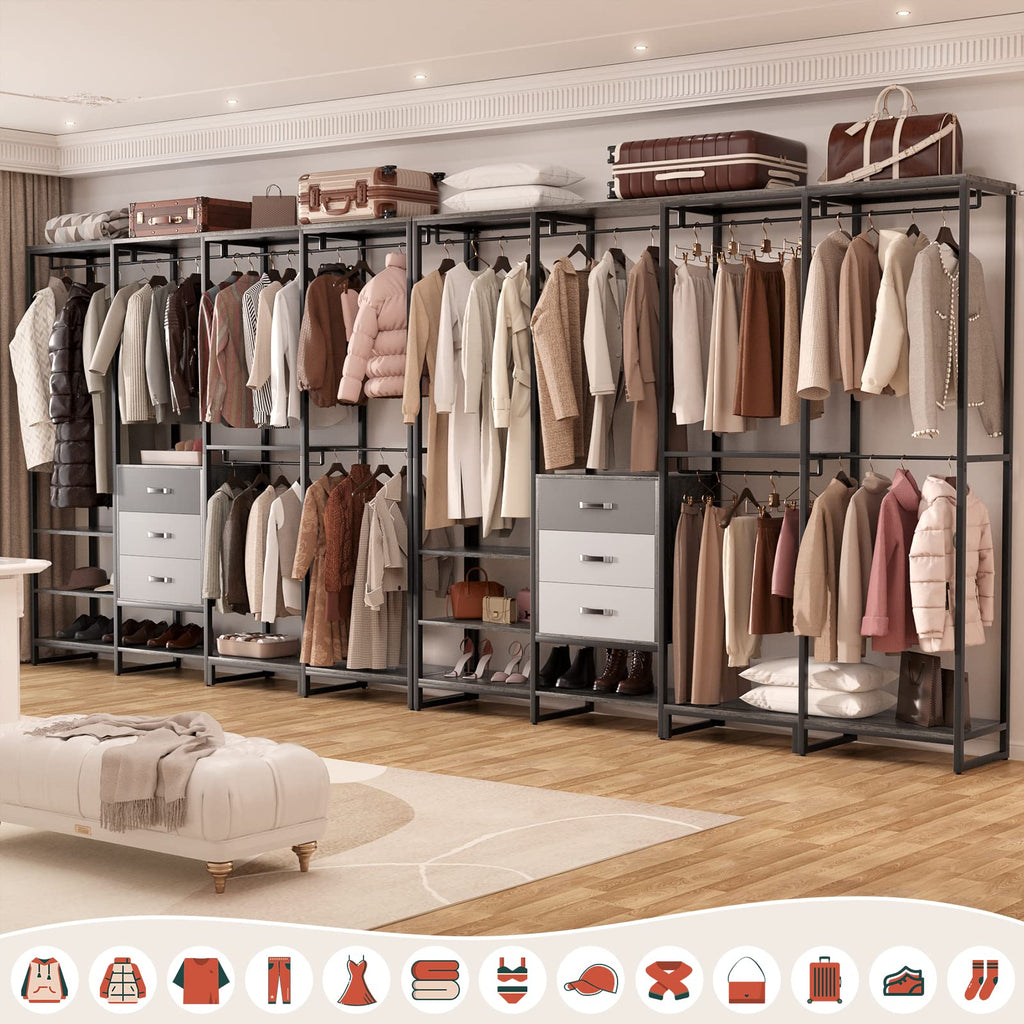 Wood Clothes Rack Wardrobe Organizer for Hanging Clothes, Heavy Duty Garment Rack, Large Corner L Shaped Closet