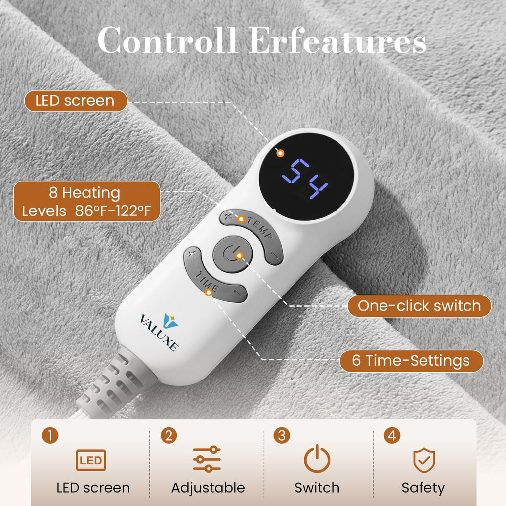 Heated Electric Blanket Twin 62"x84" Grey 6 Heating Levels