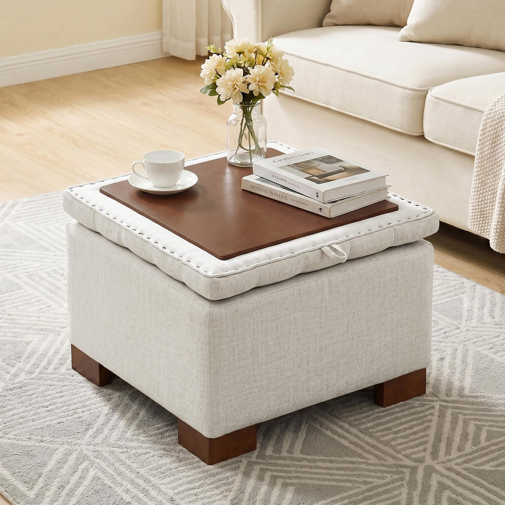 24 Inch Square Storage Ottoman Coffee Table, Modern Tufted Upholstered Ottoman with Flip Tray and Solid Wood Legs