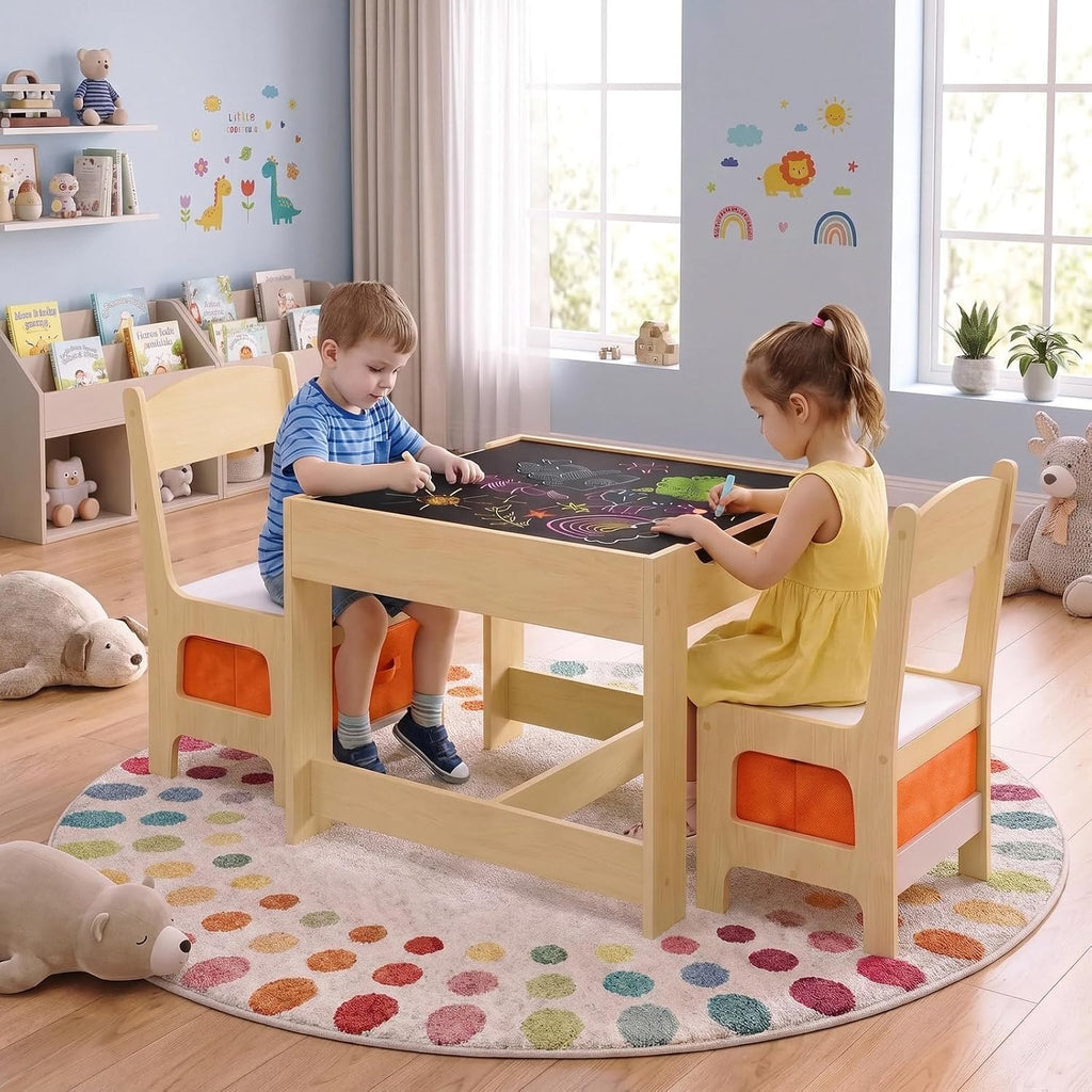 Kids Table & 2 Chairs Set, 4 in 1 Wooden Activity Table w/Storage