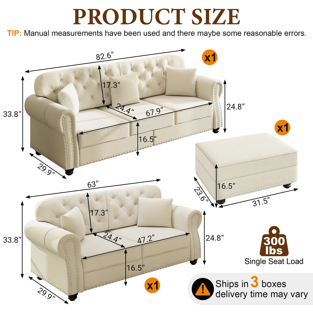 2-Piece Velvet Chesterfield Sofa Set with Ottoman, Deep Seat Button Tufted Couch with 3-Seater Sofa & Loveseat